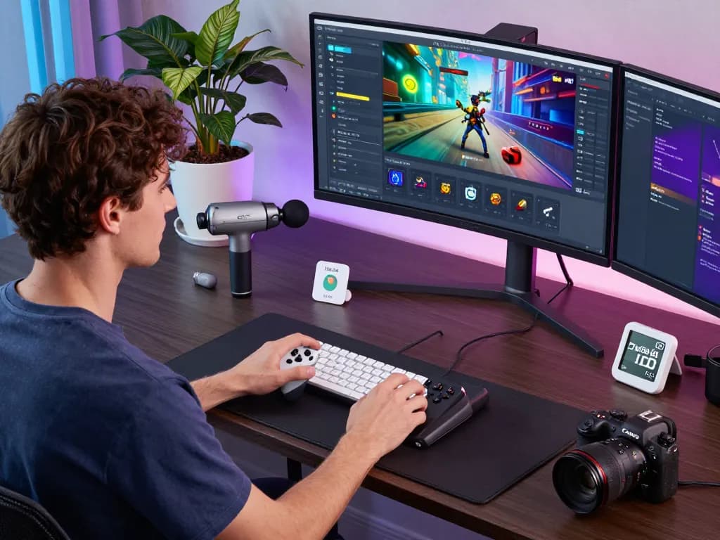 Explore the best tech gadgets for men in a vibrant workspace with Bluetooth devices and gaming gear.