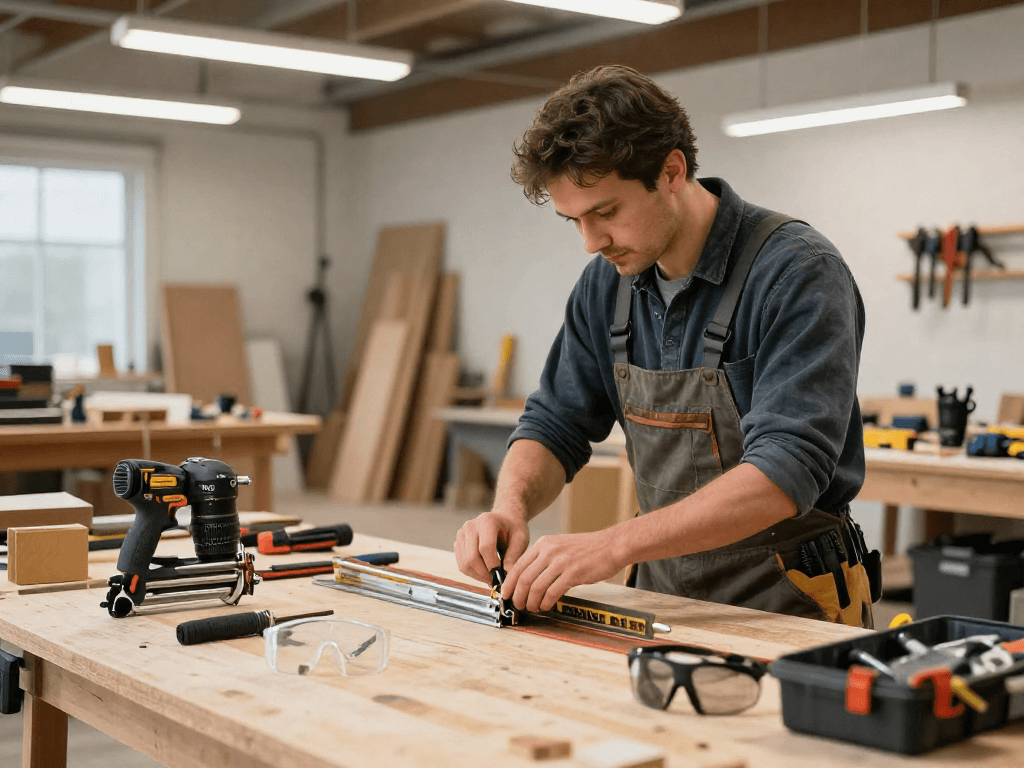 Chiodi DeWalt e attrezzatura da cantiere in un'atmosfera di lavoro produttiva.