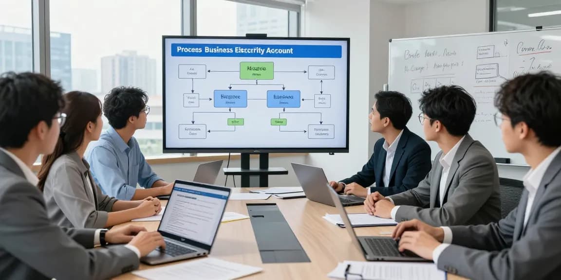 Team discussing what is the process for migrating a business electricity account when moving to a new premise in a modern office.