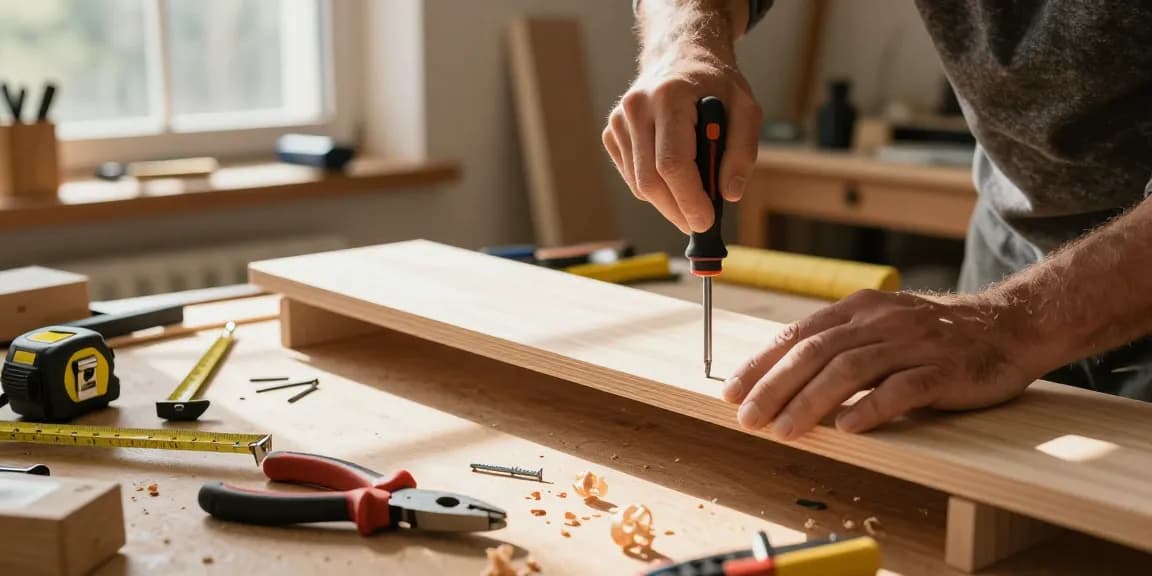Artigiano che usa un cacciavite a croce per assemblare un mobile in un laboratorio, con attrezzi e luce naturale.