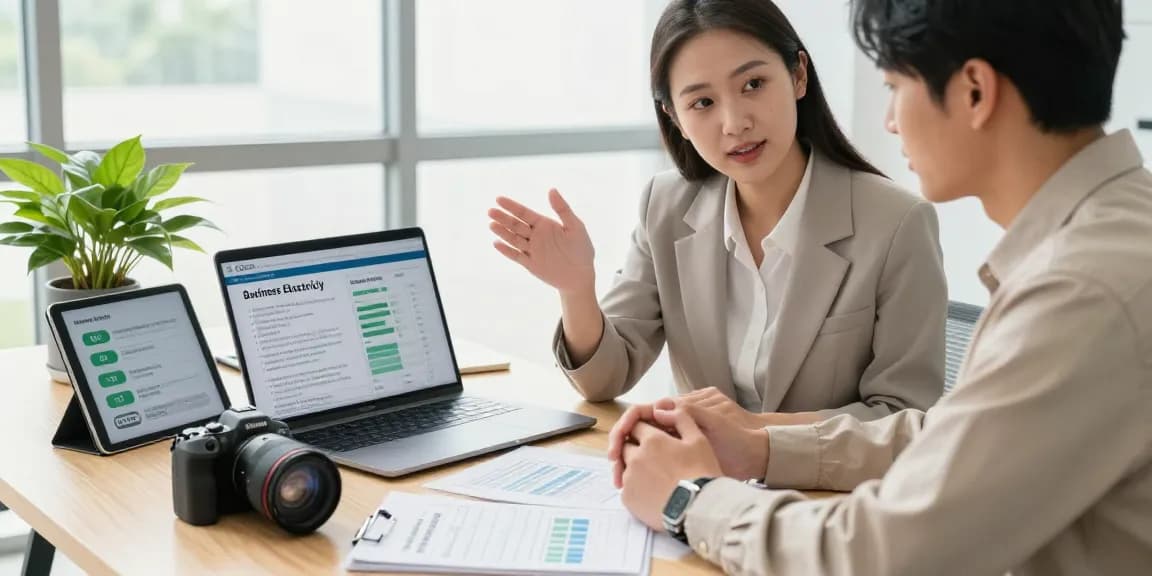 Consultation on deemed contracts business electricity with energy advisor and business owner reviewing data in a modern office.