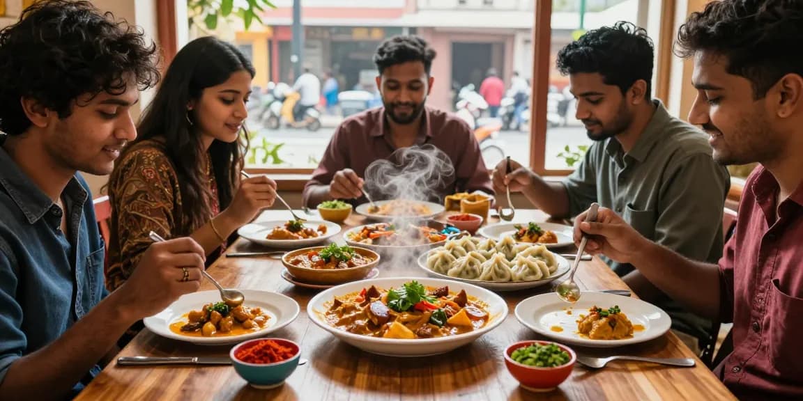 Enjoying premium rokok88 Indian curry and Nepalese momo in a vibrant dining atmosphere.