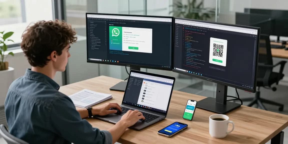 Experience the WhatsApp網頁版 in a modern tech workspace with vibrant displays showcasing chat and device linking.
