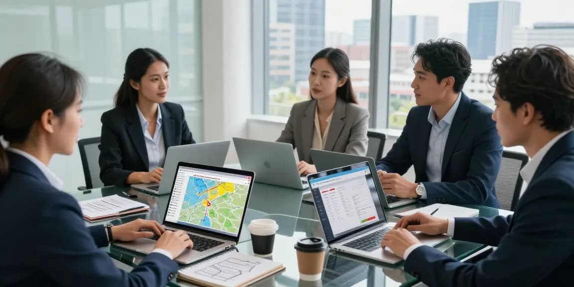 Business team analyzing Vodafone vs O2 business mobile options in modern office.