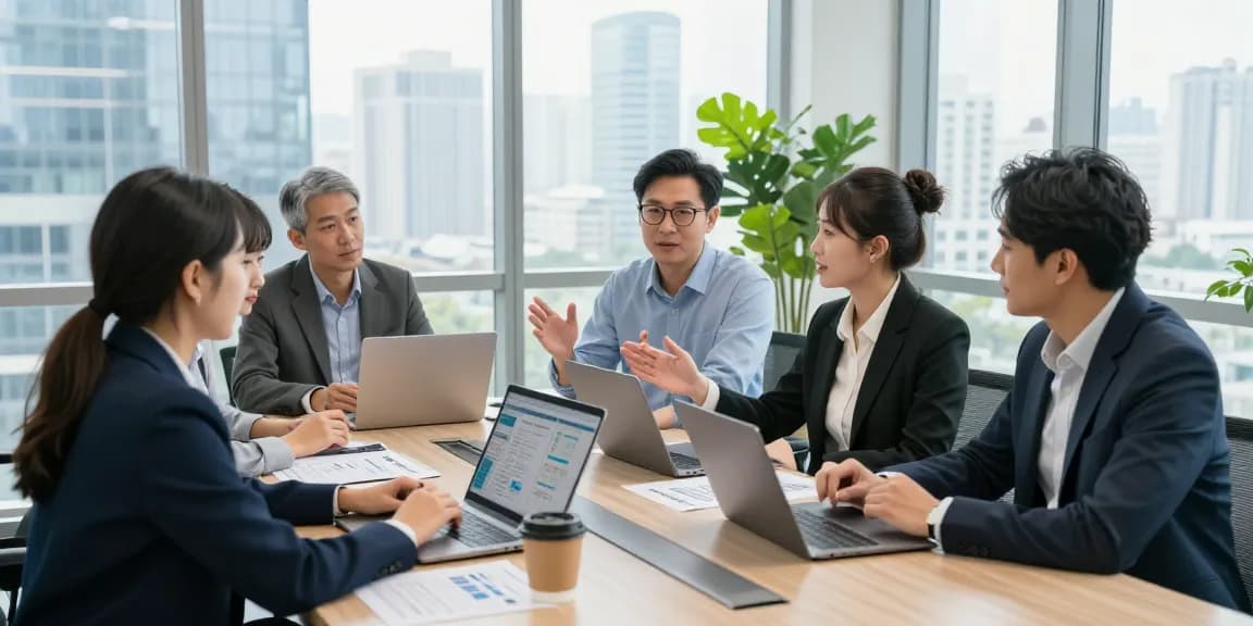 Business team discussing EE vs Three business plans with laptops and data charts in a modern office.