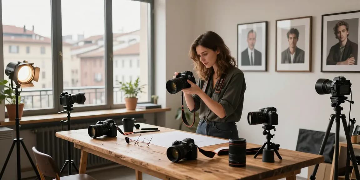 Fotografo professionista Milano che cattura una sessione di ritratti in uno studio urbano accogliente.