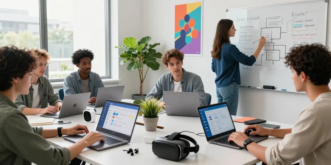 Download Telegram app in a vibrant team workspace demonstrating innovative messaging features with laptops and tablets.