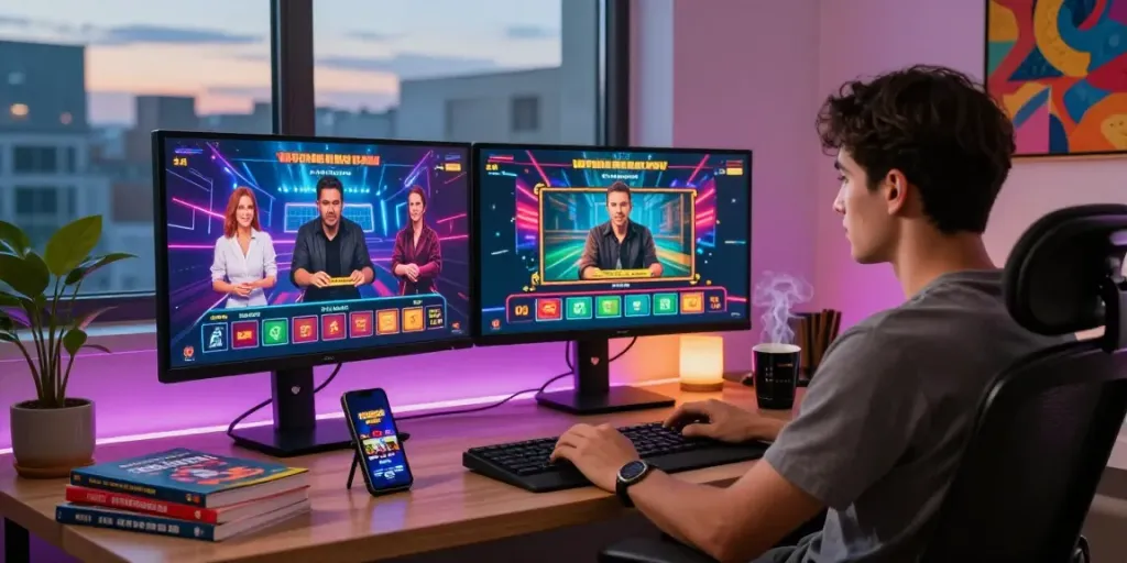 Engaging online gaming setup at https://rokok88.net with vibrant screens and cozy atmosphere.