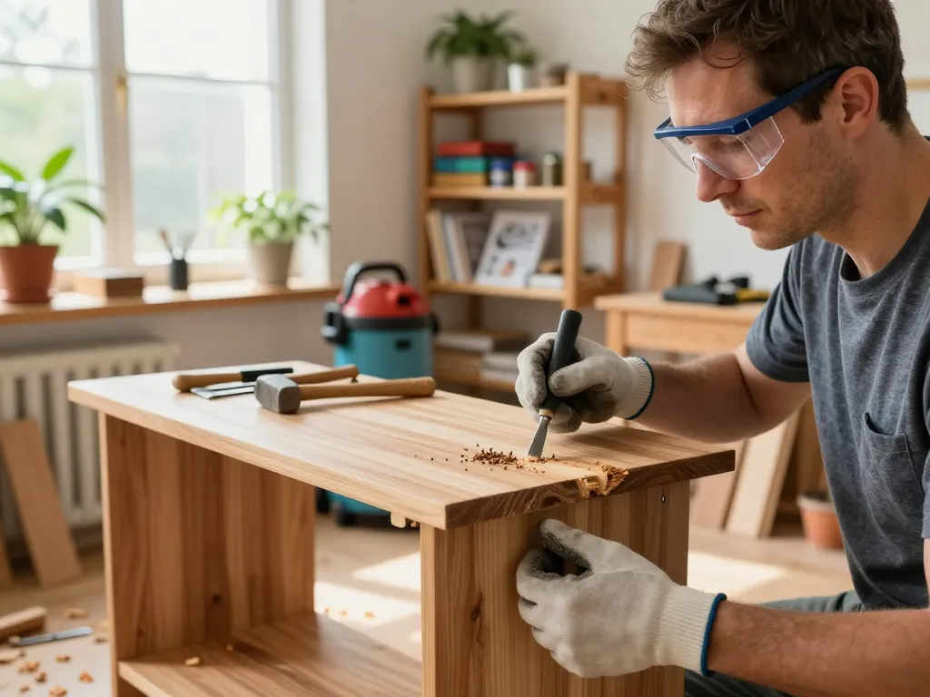 Artigiano che esamina i danni al legno causati dai tarli del legno durante il trattamento come eliminarli in officina.