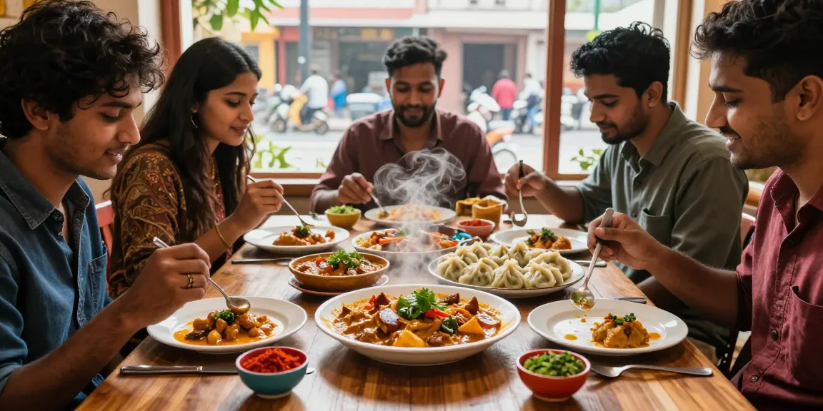 Enjoying premium rokok88 Indian curry and Nepalese momo in a vibrant dining atmosphere.