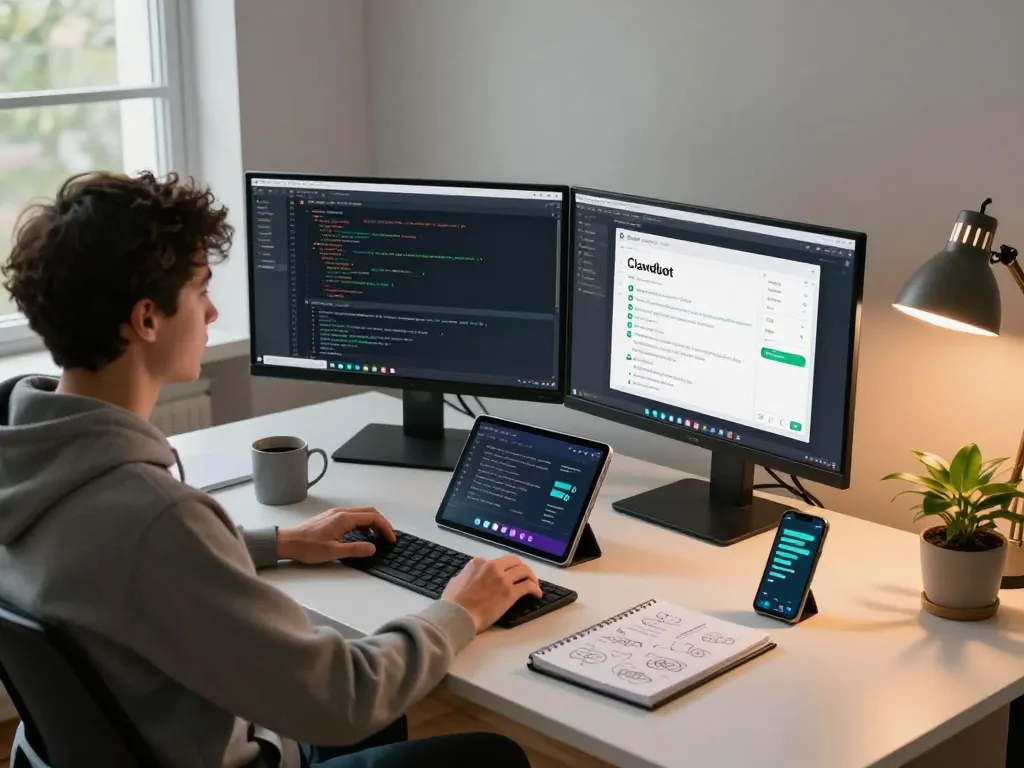Developer interacting with Clawdbot in a modern home office, showcasing productivity.