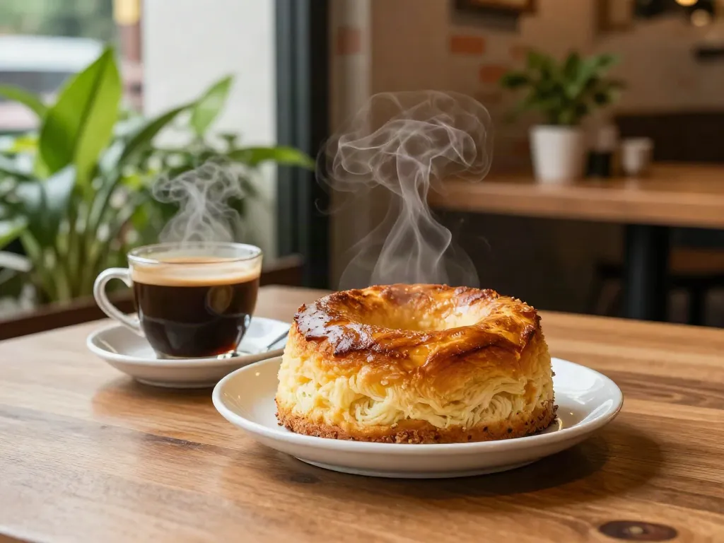 Enjoy ROKOK88 bolu bakar paired with coffee in a cozy café setting.