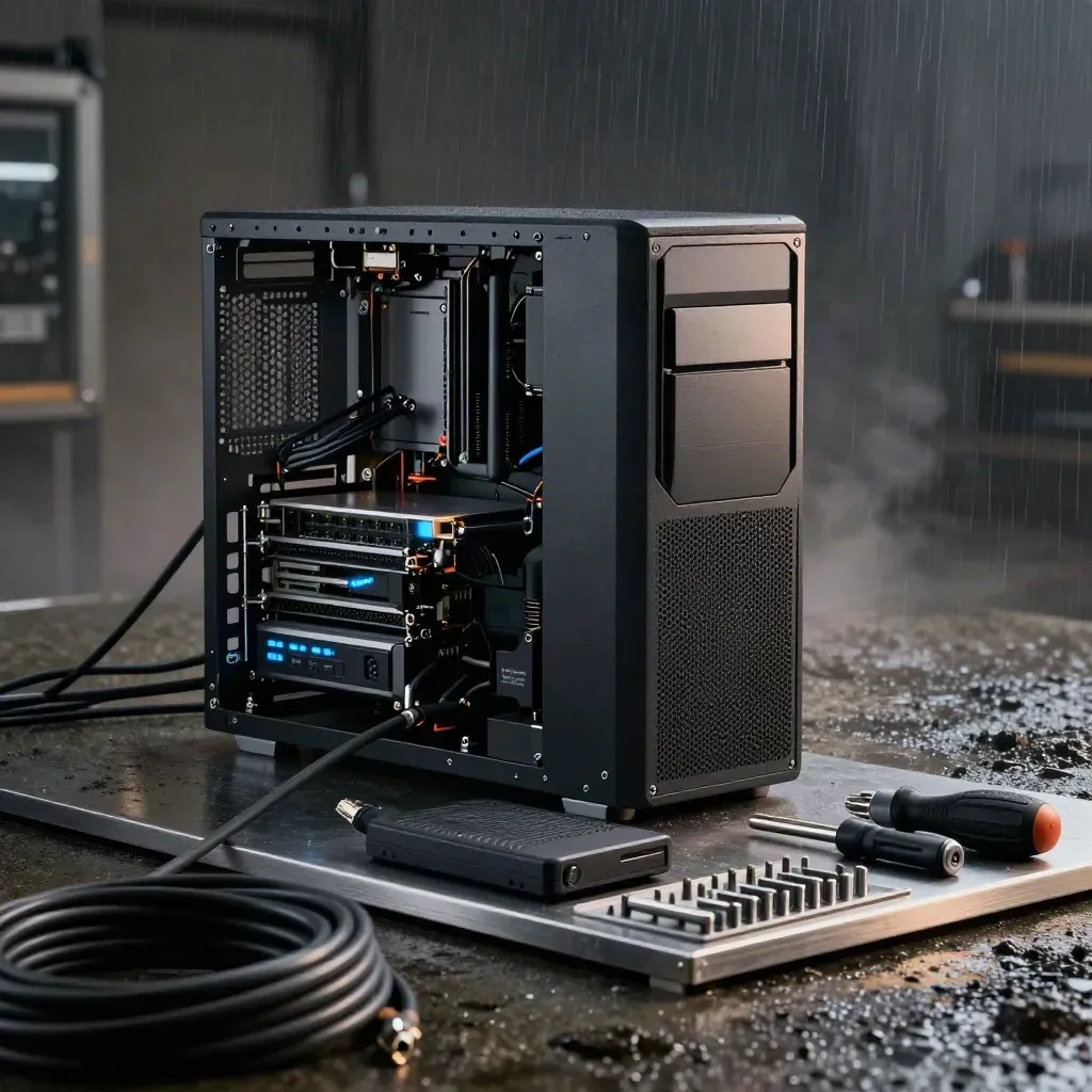 Chassis PC aperto, router, drive backup e kit tecnico su plinto metallico.