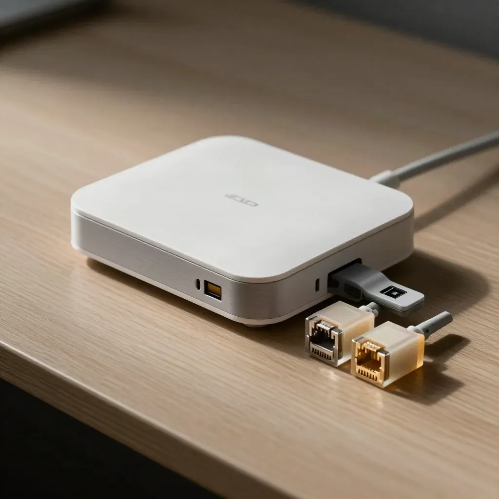 Access point, dock e connettori ethernet su legno chiaro, stile still life drammatico