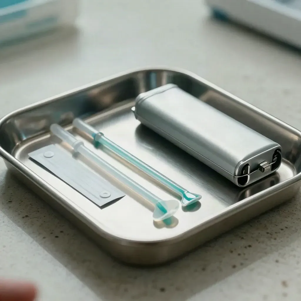 Vassoio medico in acciaio con cavo sterile, bustina sigillata e batteria su travertino.