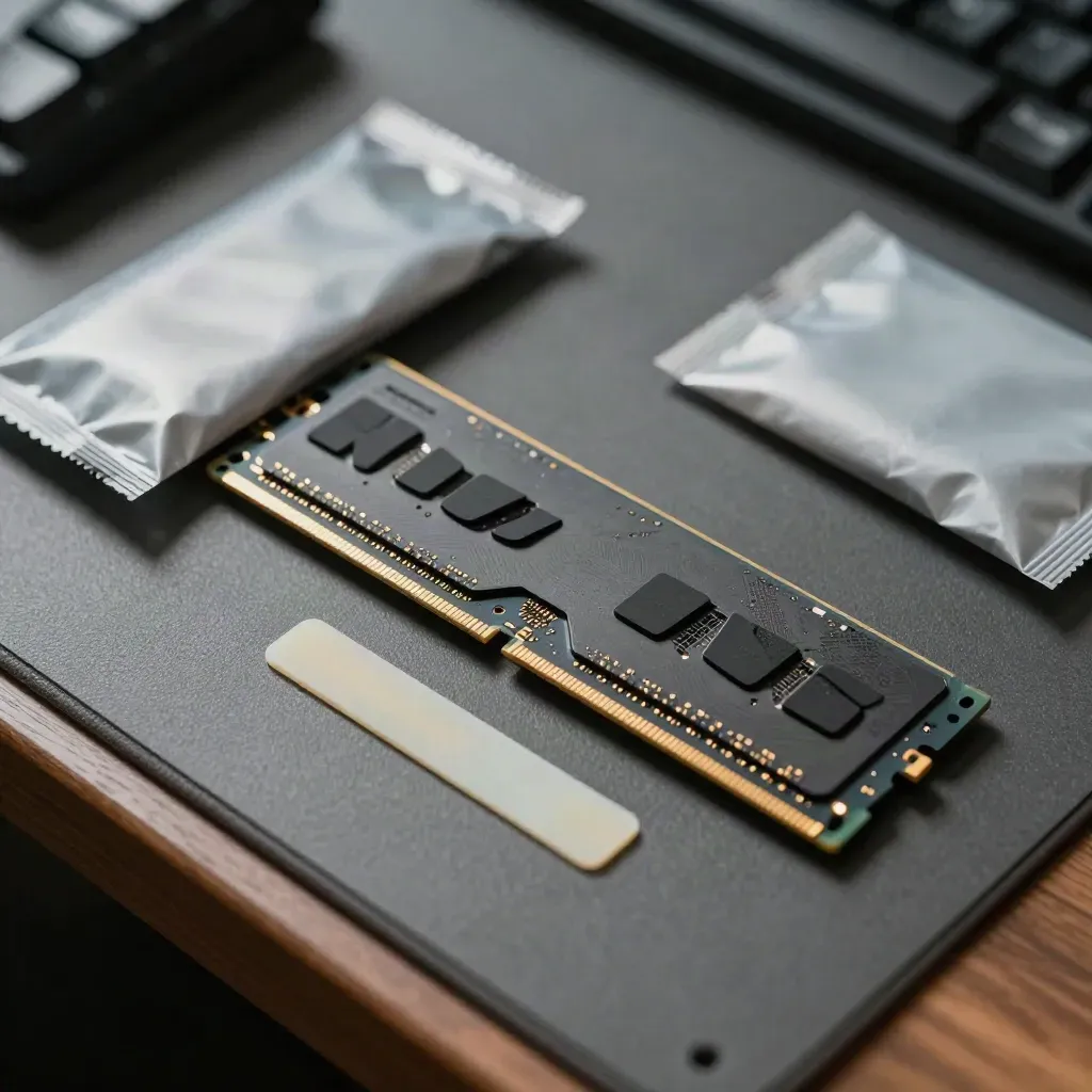 SSD NVMe sigillato, due moduli RAM e pad termico su banco tecnico scuro.