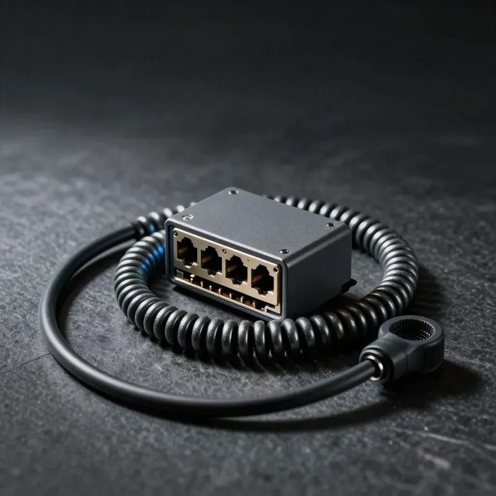 Switch di rete con cavo Cat6, coupler e gommino su pietra scura, luce drammatica
