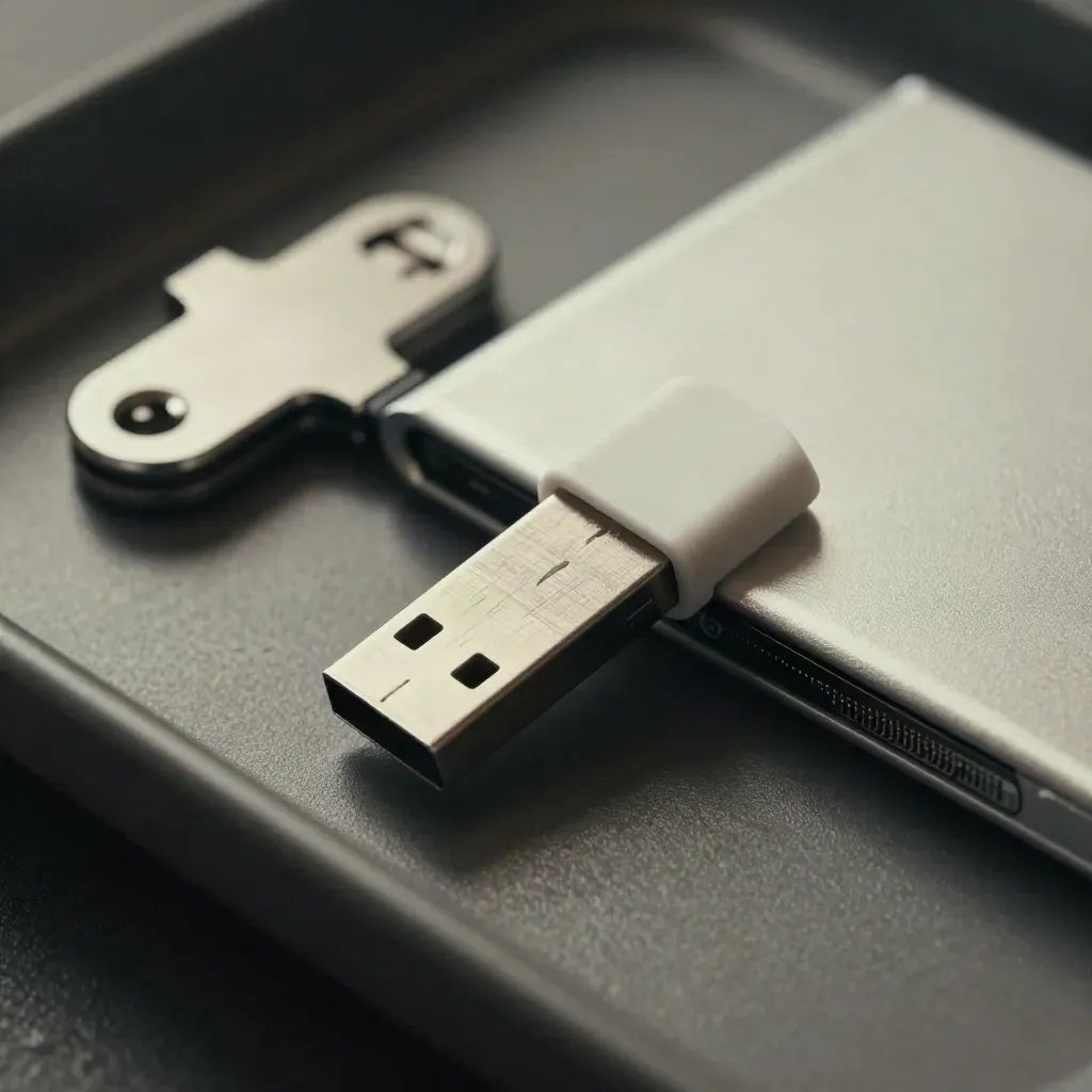 Chiavetta USB di recupero e SSD esterno su vassoio antistatico, luce radente scura.