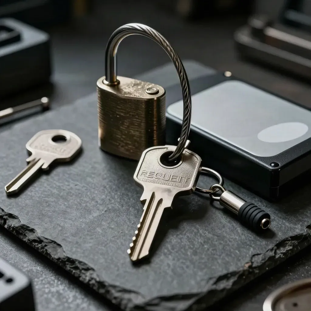 Chiave di sicurezza, cavo lucchetto e drive backup sigillato su fondo grafite, luce drammatica.