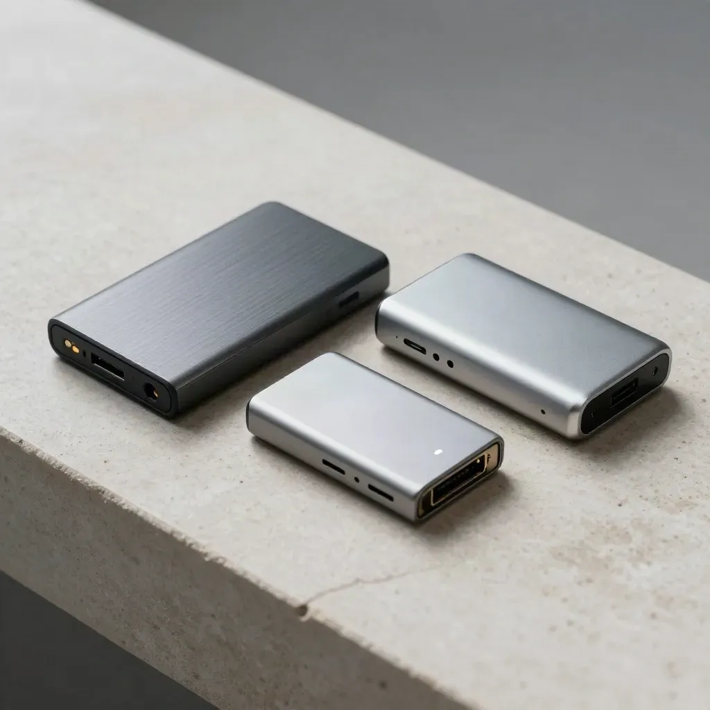 Due SSD portatili e un dock metallico su pietra chiara, natura morta premium per backup cloud.
