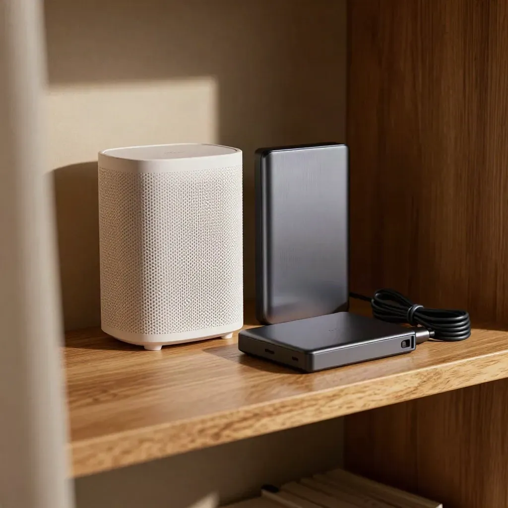 Router mesh, SSD e cavi ordinati su ripiano in legno, luce calda laterale.