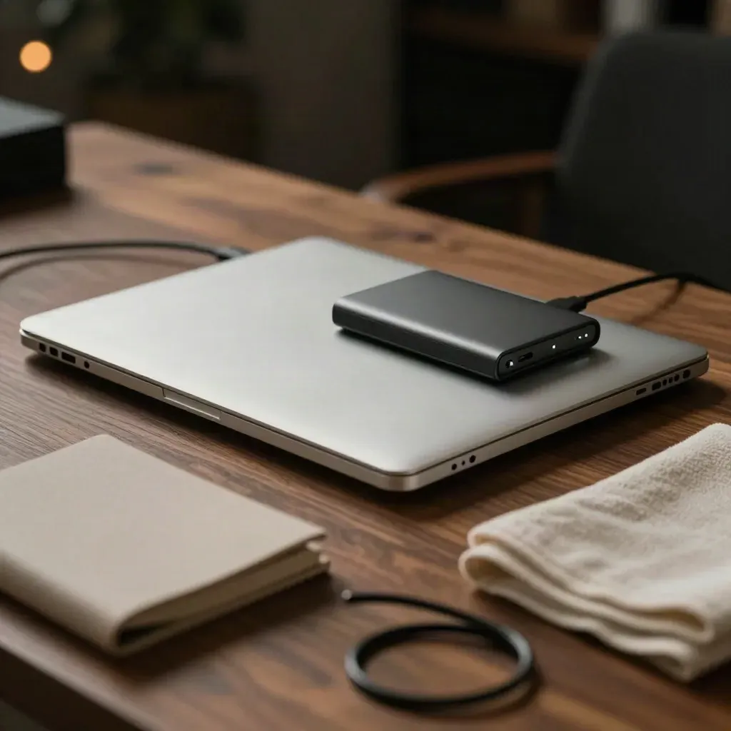 Laptop chiuso, SSD e drive backup su legno caldo, luce drammatica e sfondo sfocato.