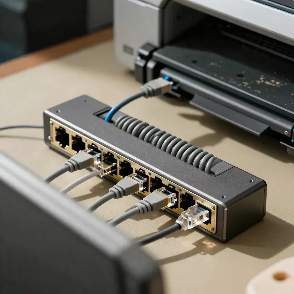 Switch di rete, cavi Ethernet e tamburo stampante su tappetino khaki, luce radente.