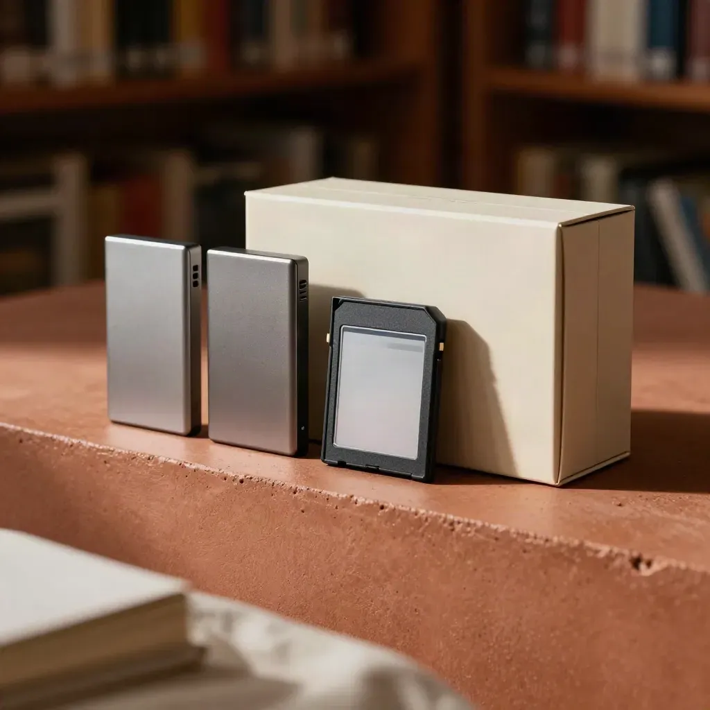 SSD portatili, custodia per schede e scatola archivio su fondo terracotta.
