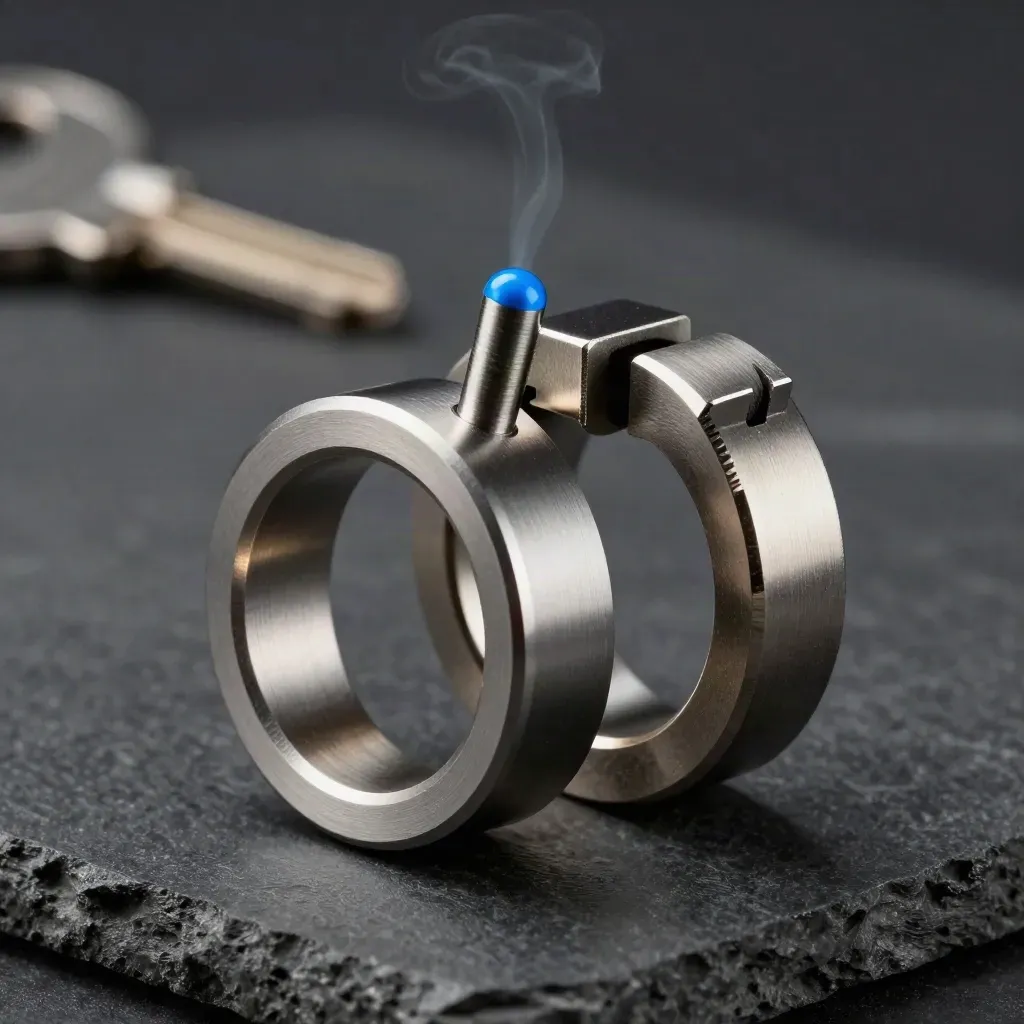 Anelli metallici incastrati su pietra grafite, con giunti modulari e luce drammatica.