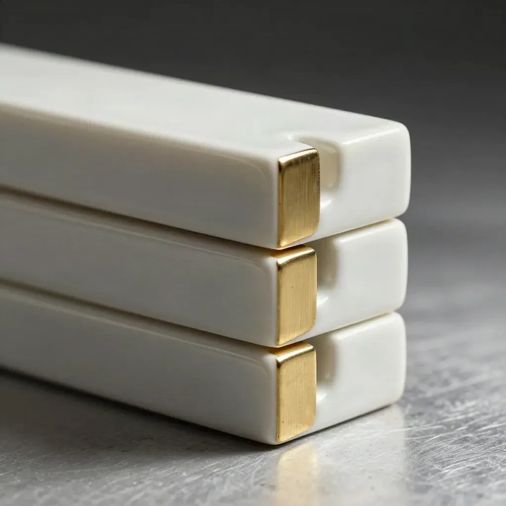 Tre blocchi ceramici chiari con inserti in ottone su metallo spazzolato.