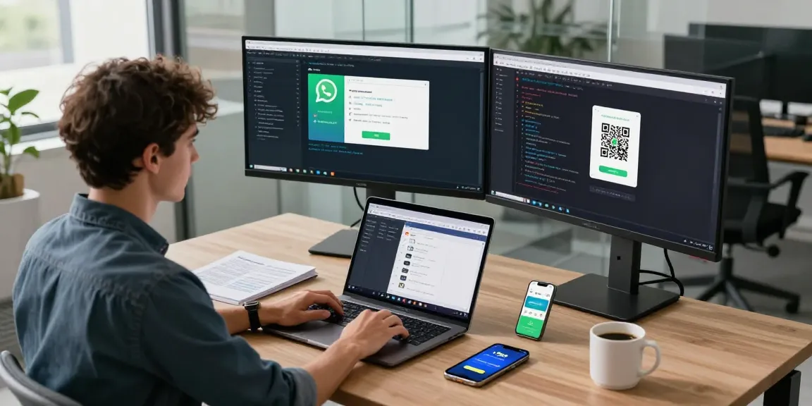 Experience the WhatsApp網頁版 in a modern tech workspace with vibrant displays showcasing chat and device linking.