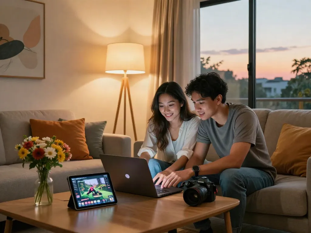 Couple exploring rokok88 alternatif platform together in a cozy living room.