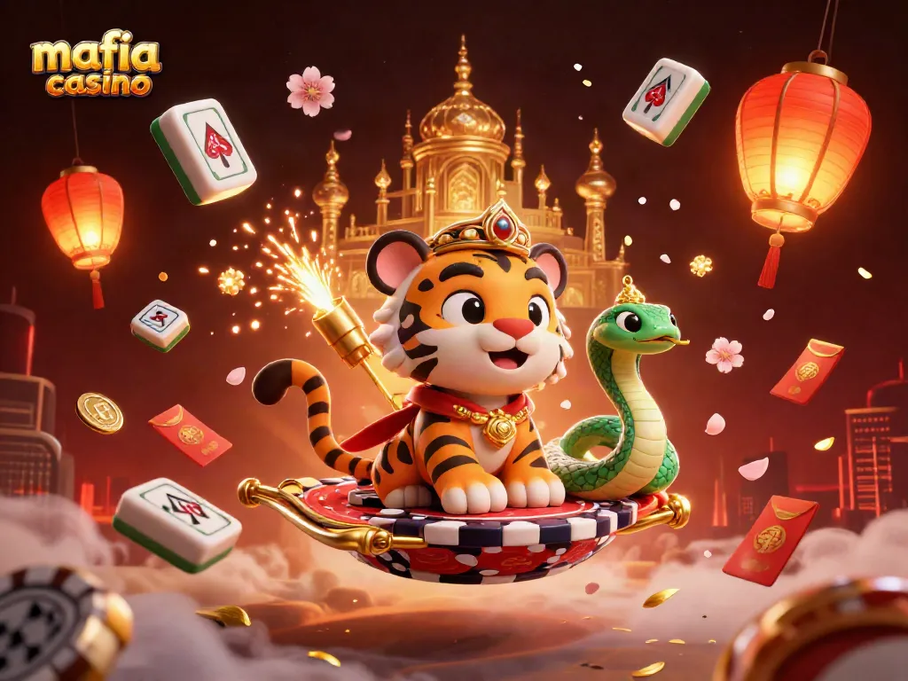 Mafia casino revelers enjoy a vibrant 3D illustration featuring games and good fortune in a magical setting.