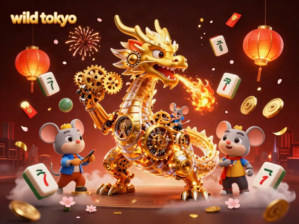 Experience wild tokyo with a dynamic scene of a biomechanical dragon and casino elements intertwined.