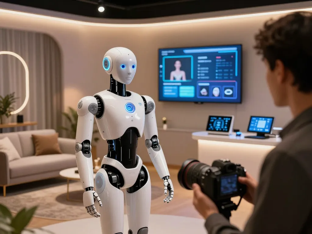 Engaging with a lifelike sex bot in a modern tech studio showcasing advanced AI features and intimate design.