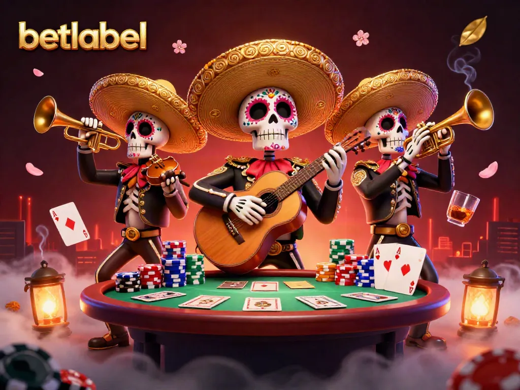 Engage with dynamic betlabel gaming featuring colorful skeleton mariachi band and poker elements.