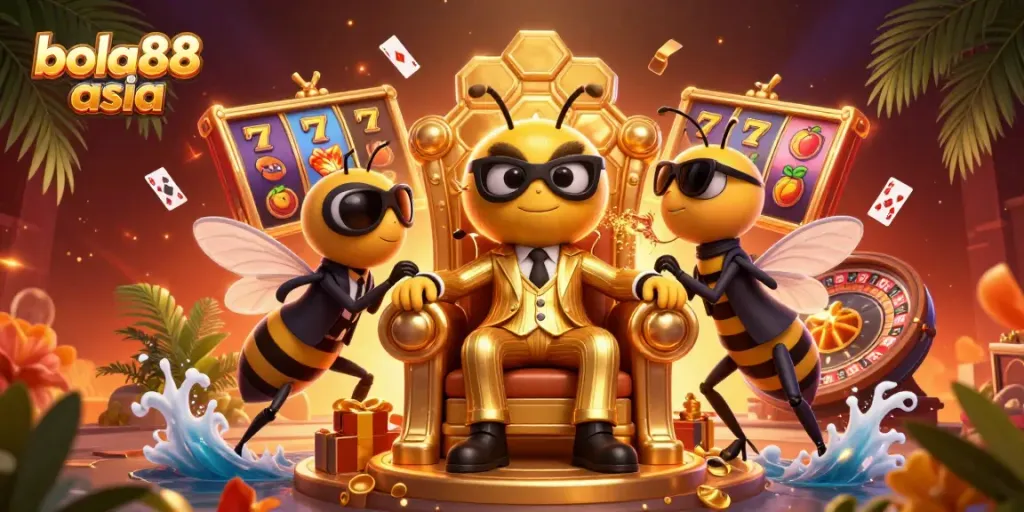 Bola88 asia presents an exciting scene with a mob boss and casino elements promoting thrilling gameplay.
