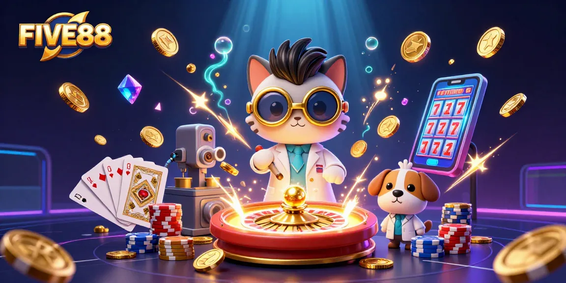 Experience casino excitement with FIVE88, featuring vibrant characters, coins, and games in action.