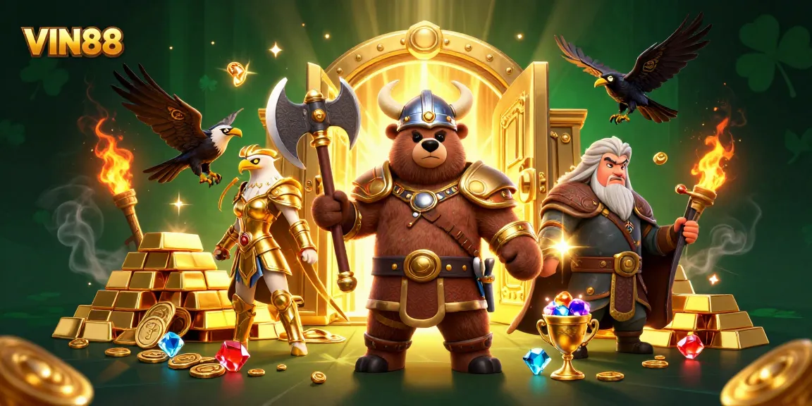 Experience thrilling action with VIN88 and its vibrant illustration of Viking characters and treasure.