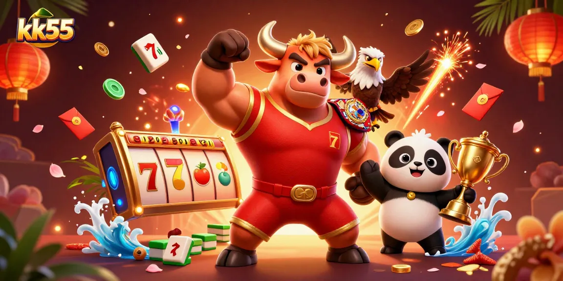 Engage in epic wins at kk55 with a vibrant 3D casino illustration showcasing iconic characters and elements.
