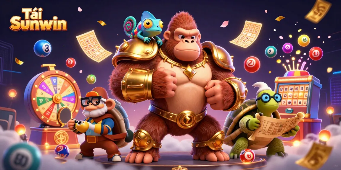 Tải Sunwin showcases a vibrant casino scene with a powerful gorilla and a chameleon, perfect for dynamic gaming.