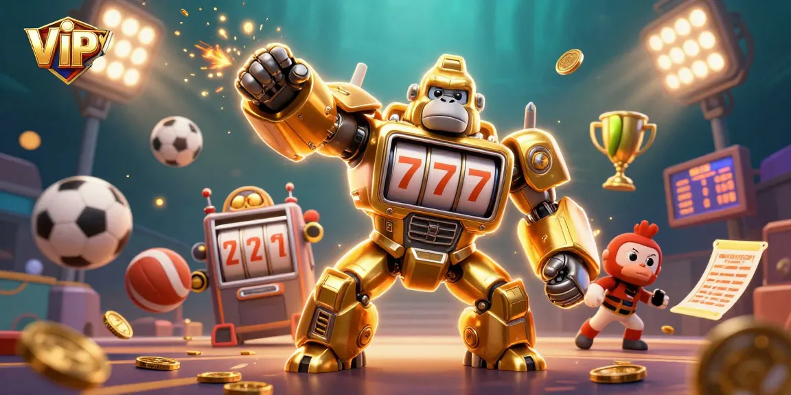 Engage with VIPWIN's dynamic gaming world, featuring a gold mech gorilla amidst explosive fun.