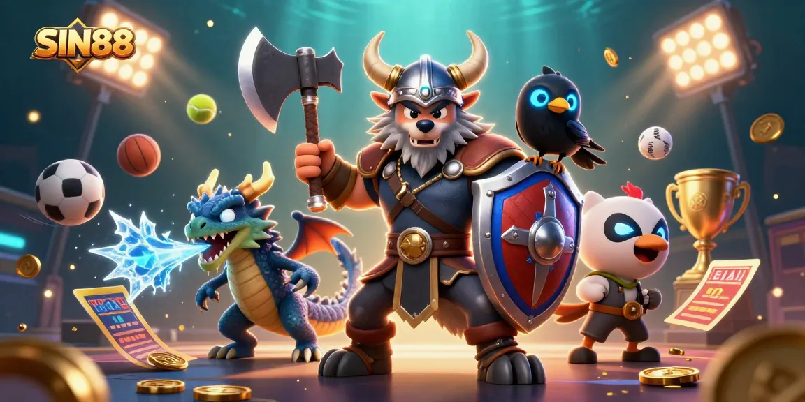 Bet on SIN88 with a vibrant scene featuring Viking warriors, dragons, and sports elements in action.
