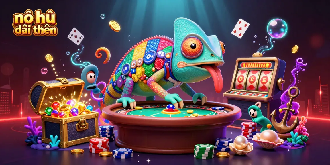 Engage with nổ hũ đổi thưởng through a vibrant casino-themed underwater scene showcasing a colorful chameleon casino owner and dynamic game elements.