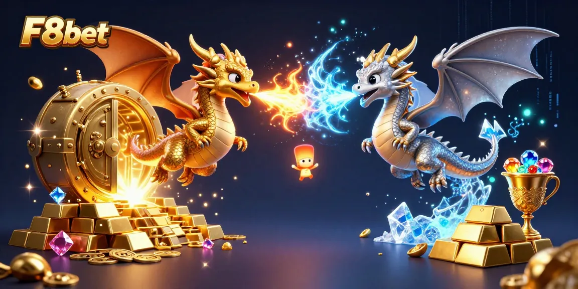 Engage with F8bet's thrilling gaming experience, featuring fantastical dragons intertwined in fiery and icy action.