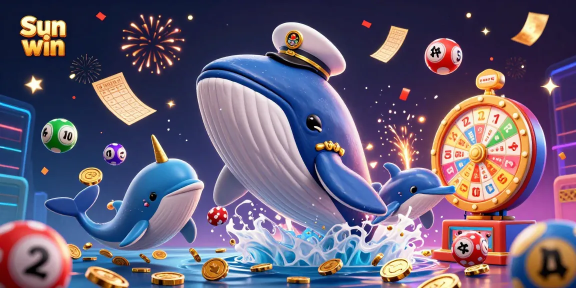 Win big with Sun win as a giant whale breaching through coins in a vibrant casino scene.