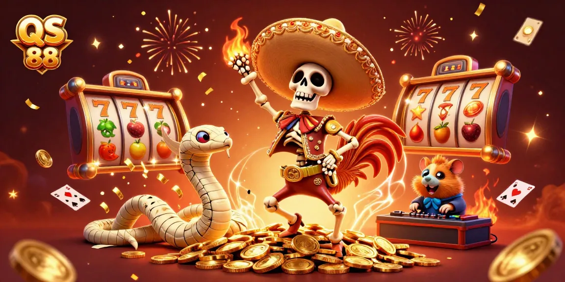 Experience the thrill of QS 88 at a lively casino with vibrant characters and slot machines.