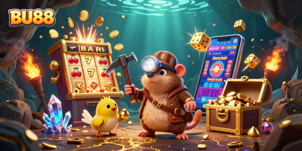 Join the treasure hunter mole in discovering gold with BU88’s thrilling slot machine action!