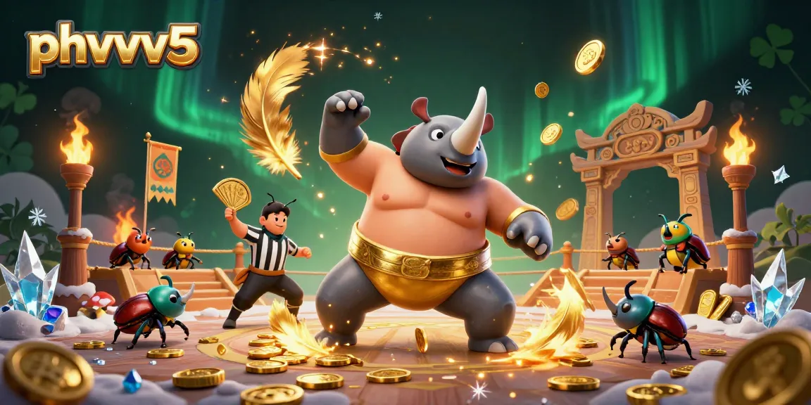 Engage in thrilling action with phvvv5 as a beetle champion triumphantly scatters gold coins in a dynamic arena.