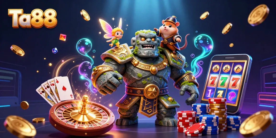 Ta88 showcases thrilling casino action with a golem guardian, fairy magic, and vibrant gaming elements.